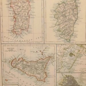 Antique map showing Sardinia, Corsica, Sicily, Venice & San Marino. There is a map showing other islands on the reverse.