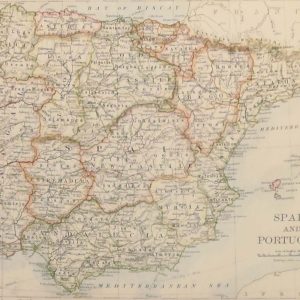 Antique map from 1905 of Spain & Portugal. There is a map showing the British Isles (Physical) on the reverse.