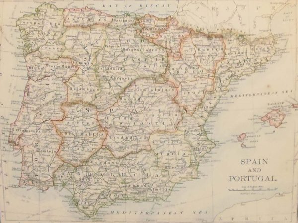 Antique map from 1905 of Spain & Portugal. There is a map showing the British Isles (Physical) on the reverse.