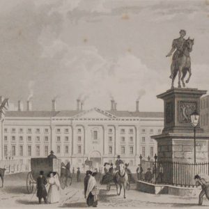 Antique print from 1832 of Trinity College from College Green, Dublin, Ireland. The print was engraved by J Davis and is after a drawing by William Bartlett.