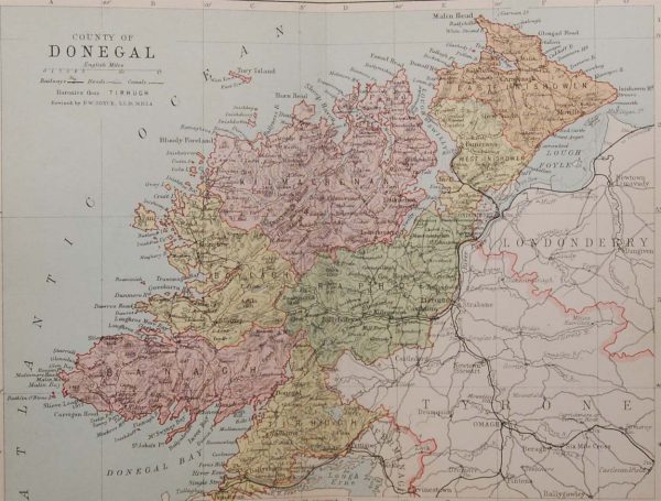 Antique colour map of the County of Donegal, printed in 1881.