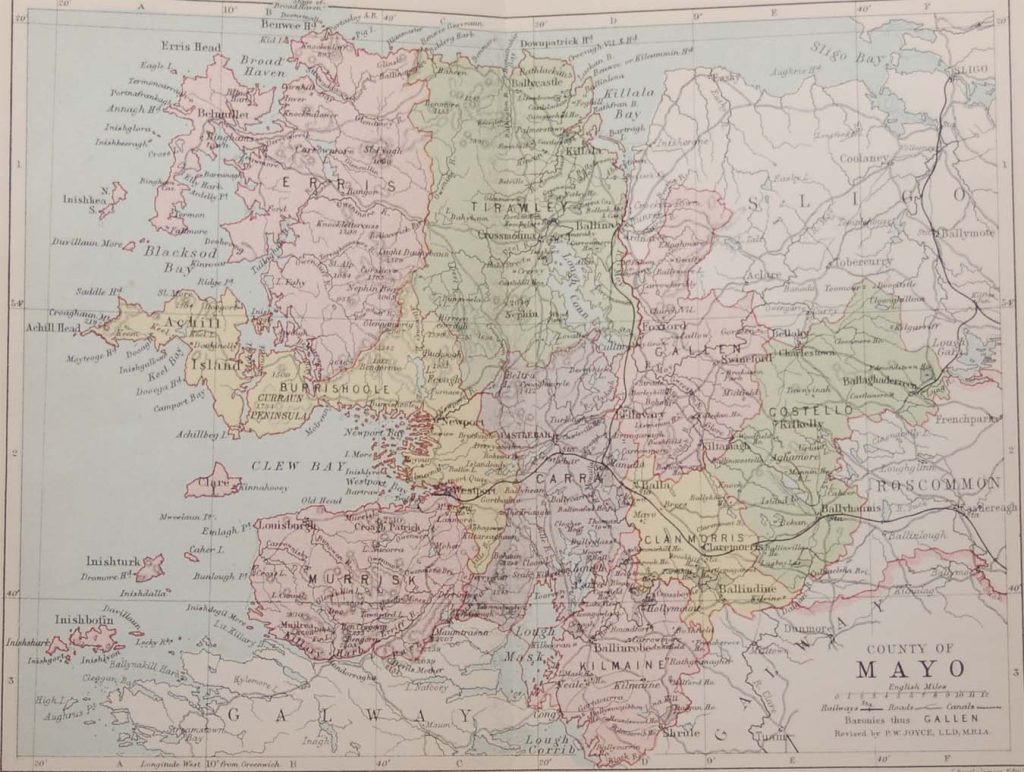 Antique colour map of the County of Mayo, printed in 1881.