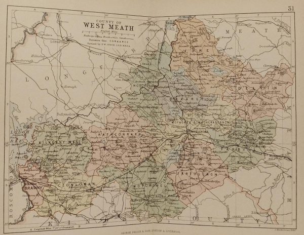 Antique colour map of the County of Westmeath, printed in 1881.