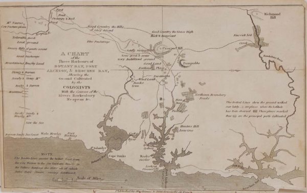 1818 copper engraving titled A chart of the three Harbours of Botany Bay, Port Jackson, & Brocken Bay.
