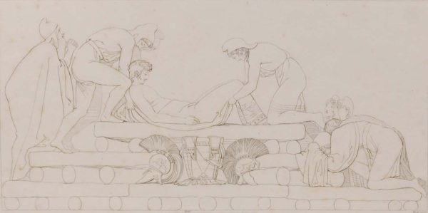 Antique line engraving after John Flaxman, titled, The Funeral of Hector.