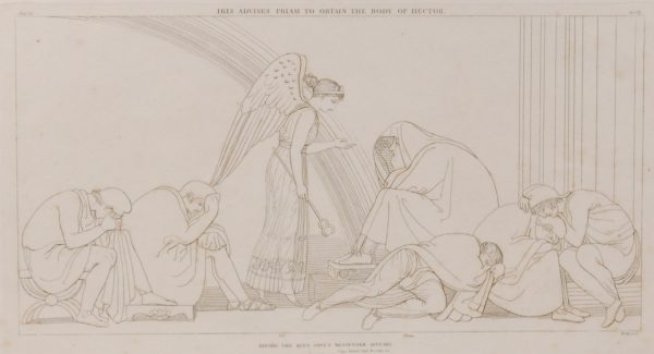 Antique line engravings after John Flaxman, titled, Iris advises Priam To Obtain the body of Hector
