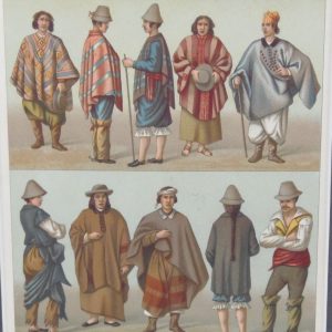 Beautiful matted chromolithograph from 1876. The prints is titled "Amerique" and looks at different costumes from the Americas.