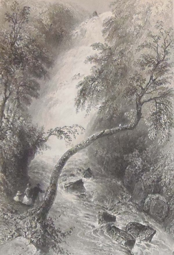 1841 Antique Steel engraving of the Turk Cascade in Kerry. The print was engraved by J Cousen and is after a drawing by William Bartlett.