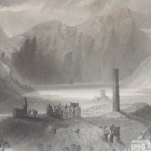 1841 Antique Steel engraving of the Round Tower, Glendalough, Wicklow, Ireland. The print was engraved by J C Bentley and is after a drawing by William Bartlett.