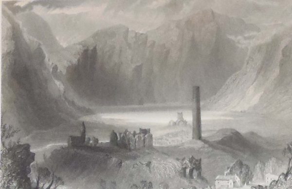 1841 Antique Steel engraving of the Round Tower, Glendalough, Wicklow, Ireland. The print was engraved by J C Bentley and is after a drawing by William Bartlett.