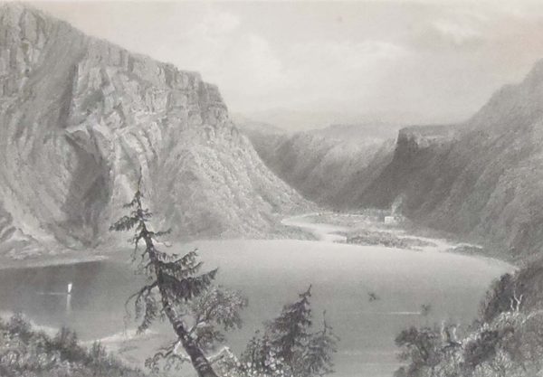 1841 Antique print, an engraving of Luggala ( spelt Luggela on print) county Wicklow. The print was engraved by H Adlard and is after a drawing by William Bartlett.