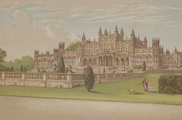 antique colour print, a chromolithograph from 1880 of Eaton Hall in Cheshire.
