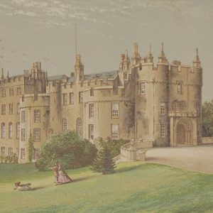 antique colour print, a chromolithograph from 1880 Picton castle in Pembrokeshire, Wales