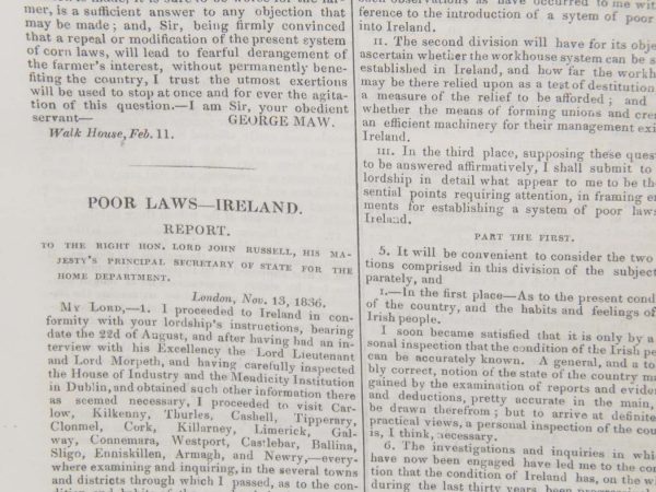 Extract from the Farmers Magazine from 1837 of an article on the Poor Laws in Ireland.
