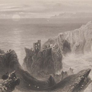 Antique print circa 1845, a steel engraving of Kinbane in County Antrim. The print was engraved by C Richardson and is after a drawing by W H Bartlett.