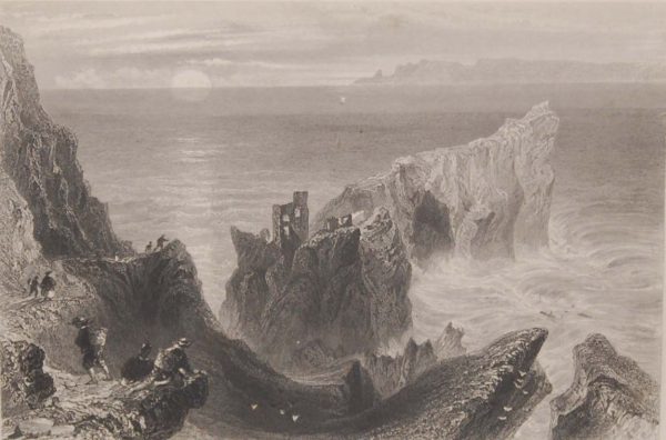 Antique print circa 1845, a steel engraving of Kinbane in County Antrim. The print was engraved by C Richardson and is after a drawing by W H Bartlett.