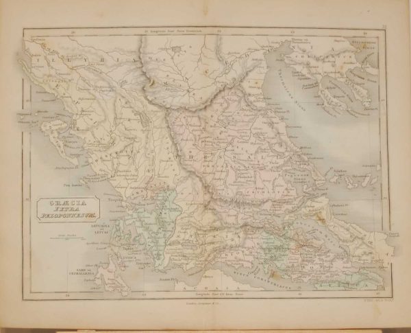 1851 antique map of Italy titled Graecia Extra Peloponnesum, map engraved by S Hall.