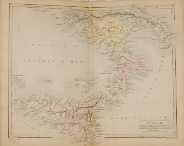 1851 antique map of Italy titled Italie pars Meridionalis, map engraved by S Hall.