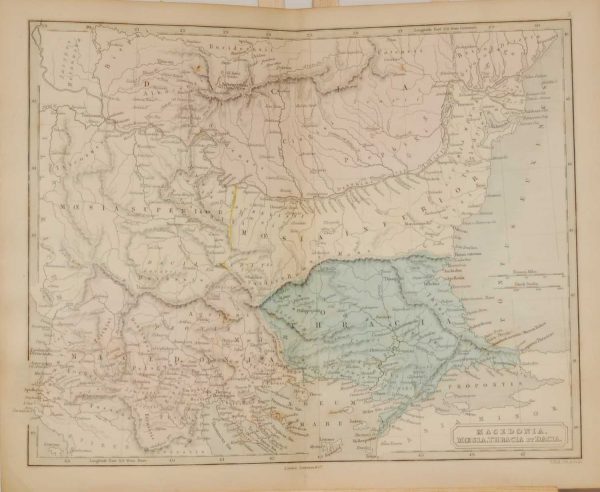 1851 antique map of Italy titled Macedonia Moesia, Theraca et Dacia, map engraved by S Hall.