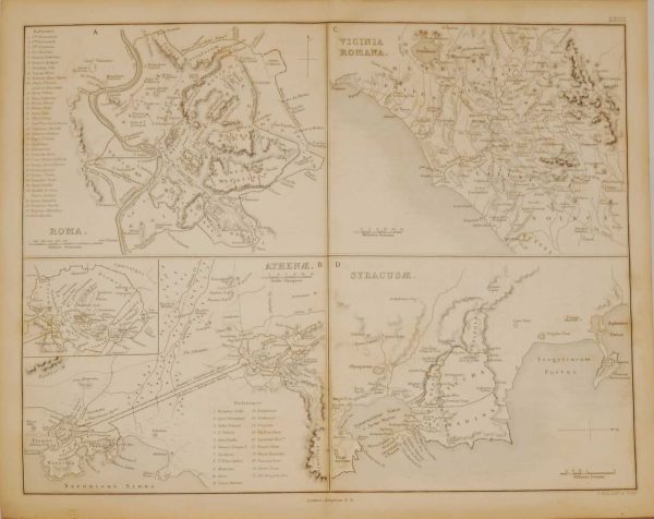 1851 antique map of four ancient cities & areas they are, Roma, Vicina Romana, Athenae and Syracusae.