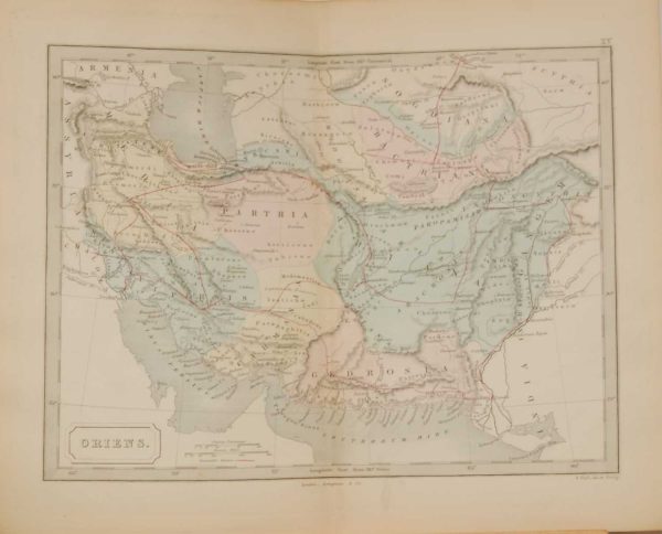 1851 antique map of Oriens. Map shows the old empires such as Parthia in the Persian Gulf.