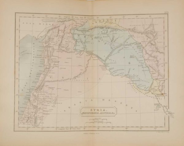 1851 antique map of Syria. Map is titled, Syria Messopatamia Assyria, engraved by S Hall.