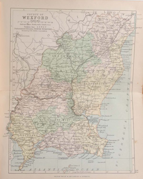 Antique colour map of the County of Wexford, printed in the 1890's, with the map constructed by John Bartholomew and edited by P. W. Joyce.