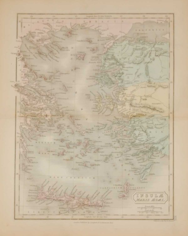 1851 antique map of the island of the Aegean sea, titled Insulae Maris Aegaei, map engraved by S Hall.