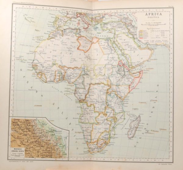 titled Africa Politica, colouring to highlight colonial possessions at that time, small map of Massaua Asmara Keren in corner.