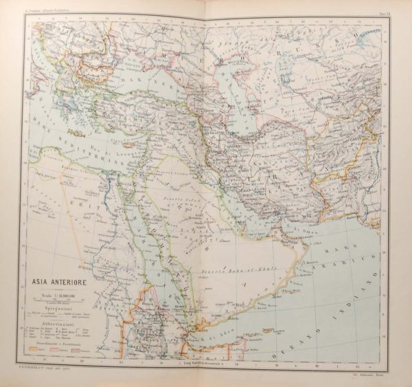 The map was originally printed in Italy and is titled Asia Anteriore, colouring to highlight colonial possessions at that time.