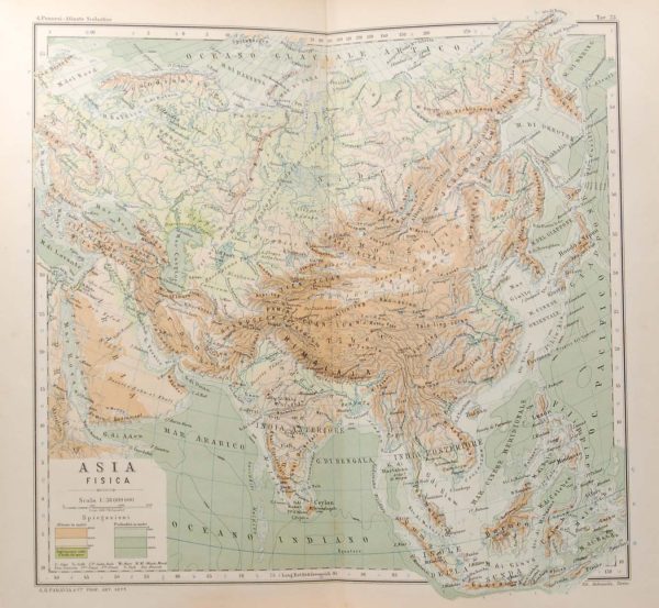 map was originally printed in Italy and is titled Asia Fisica, shows altitude and depth as measured at the time.