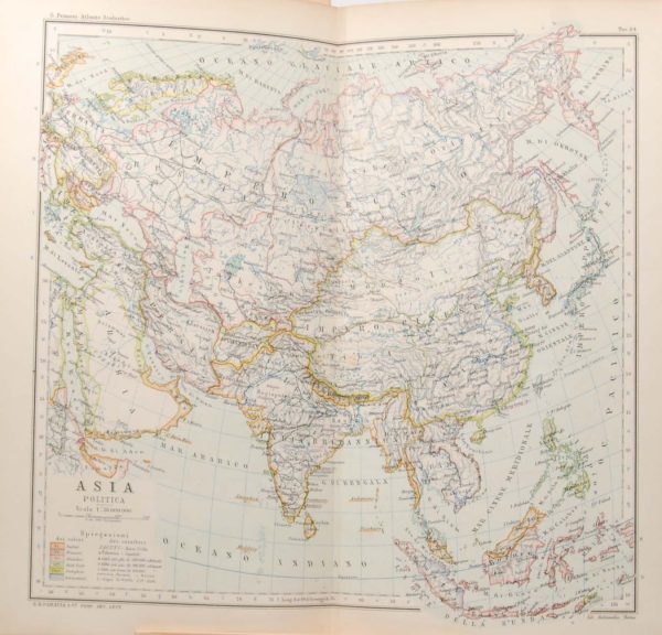 Map was originally printed in Italy and is titled Asia Politica, colouring to highlight colonial possessions at that time.