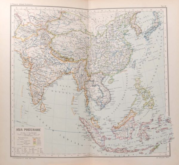 Map was originally printed in Italy and is titled Asia Posteriore, colouring to highlight colonial possessions at that time.