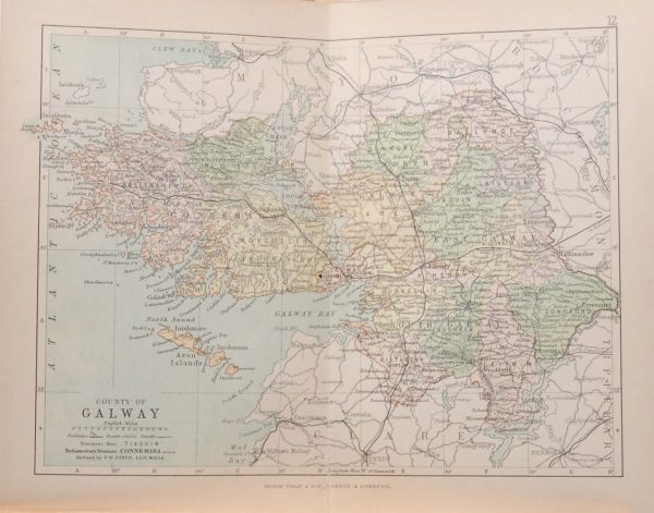 Antique Colour Map of The County of Galway printed by George Philips, with the map constructed by John Bartholomew and edited by P. W. Joyce.