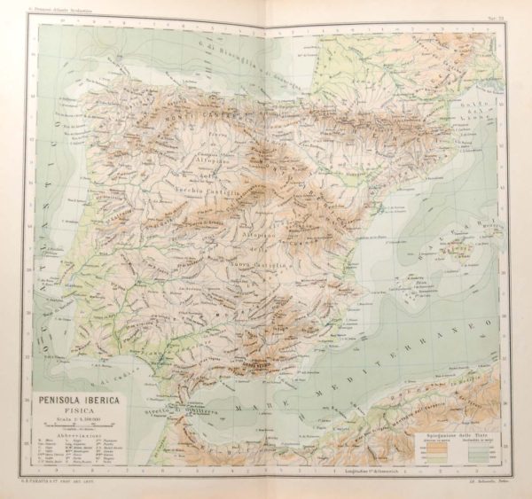 Map was originally printed in Italy and is titled Penisola Iberica Fisica, printed early 1900's.