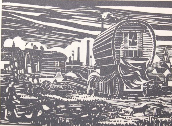 Harry Kernoff woodcut Caravan Dublin. Print is 5 by 7 inches, frame and mount bringing overall size to 14 by inches.