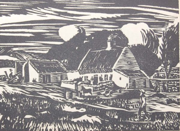 Harry Kernoff woodcut cottages county Limerick. Print is 5 by 7 inches, frame and mount bringing overall size to 14 by 11 inches.