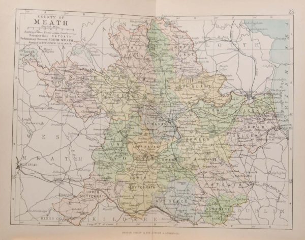 Antique colour map of the County of Meath, printed in the 1890's, with the map constructed by John Bartholomew and edited by P. W. Joyce.