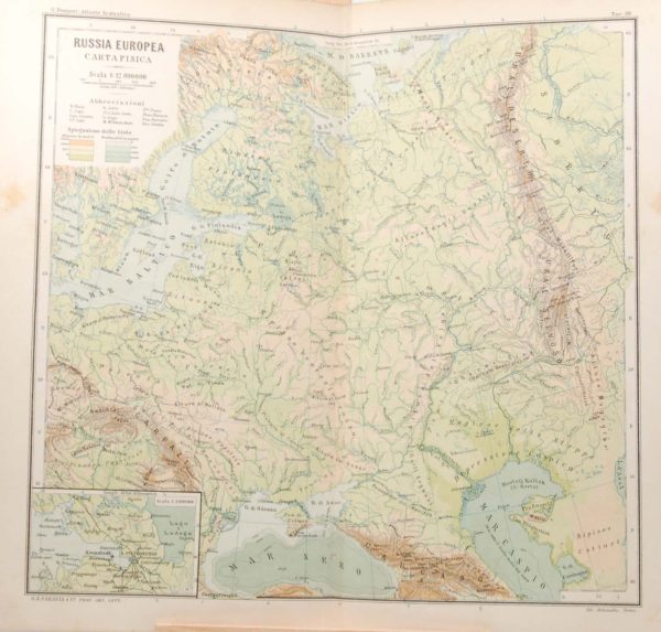 Map was originally printed in Italy and is titled Russia Europea Carta Fisica.0 Smaller map St Petersburg, Kronstadt area on the left.