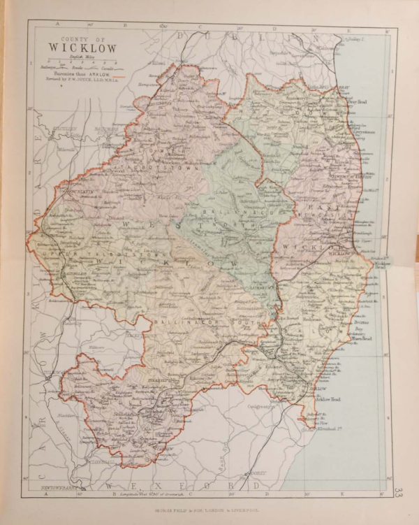 Antique Colour Map of The County of Wicklow printed by George Philips, with the map constructed by John Bartholomew and edited by P. W. Joyce.