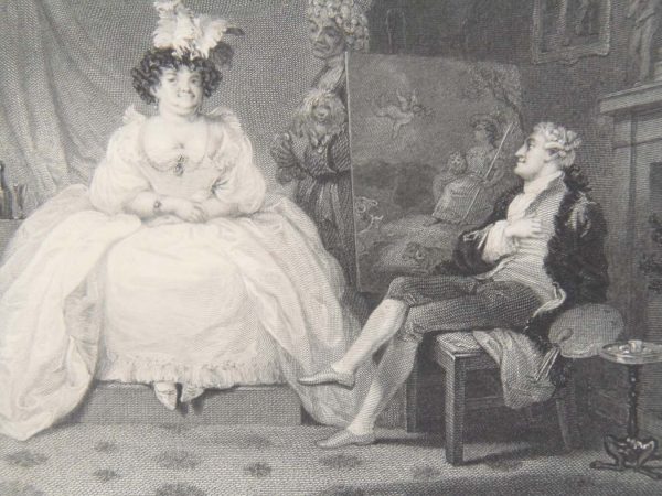 1836 antique engraving, tilted Anne Page and Slender, after a painting by R Smirke and engraved by E Portbury, print was published by Longman and Co.