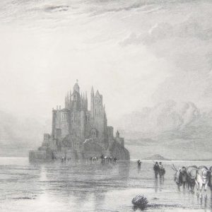 1836 antique engraving, tilted Distant View Mont St Michael, after a painting by C Stanfield and engraved by R Wallis