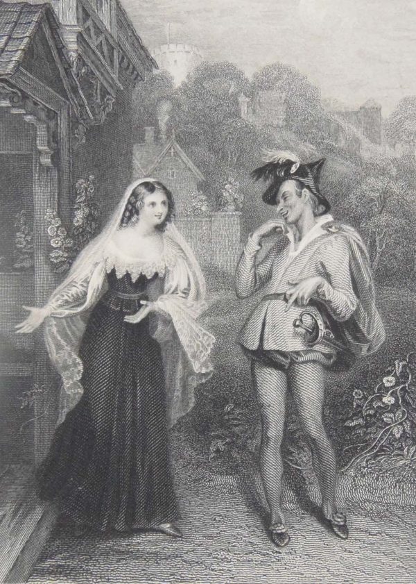 1836 antique engraving, tilted Anne Page and Slender, after a painting by H Richter and engraved by C Rolls. print was published by Longman and Co.