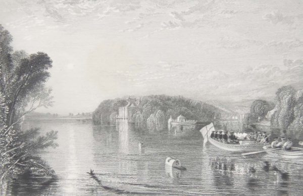 1836 antique engraving, tilted Virginia Water, after a painting by J M W Turner and engraved by R Wallis
