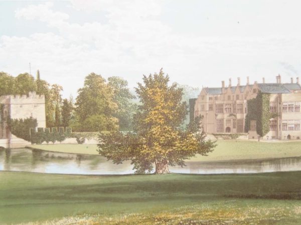 Antique colour print, a chromolithograph from 1880 of Broughton Castle in Oxfordshire
