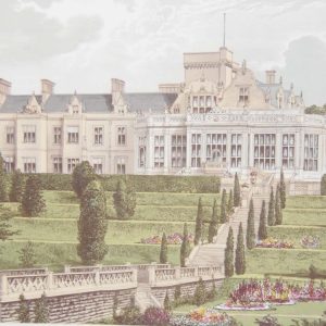 Antique colour print, a chromolithograph from 1880 of Easton Hall in Lincolnshire