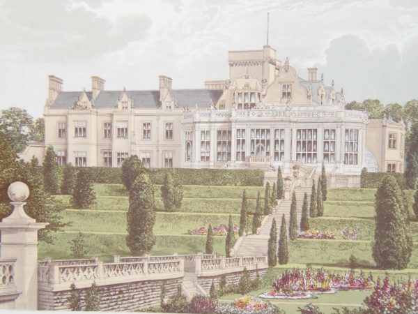Antique colour print, a chromolithograph from 1880 of Easton Hall in Lincolnshire