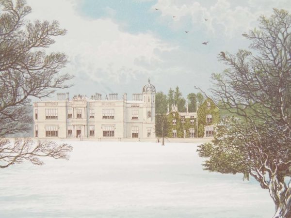Antique colour print, a chromolithograph from 1880 of Eshton Hall in North Yorkshire