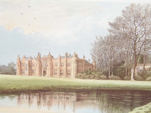 Antique colour print, a chromolithograph from 1880 of Hengrave Hall in Suffolk