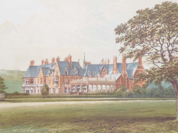 Antique colour print, a chromolithograph from 1880 of Hutton Hall in Essex.